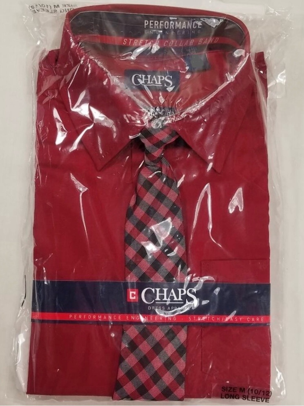 Chaps Kids Dress Shirt W/Easy-Clip Tie Size XXS/4-5 Red Long Sleeve Stretch New